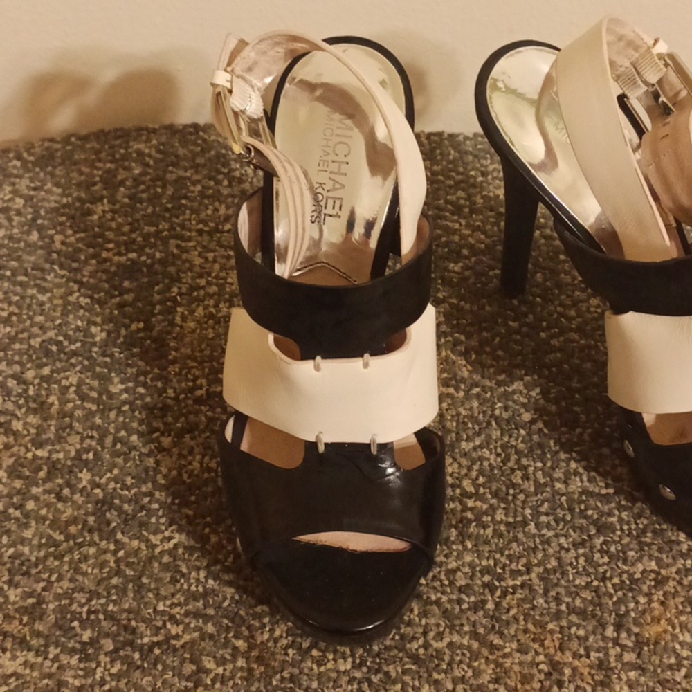 Michael Kors Women's Black and White Strappy High Heel Platform Seville Sandals - Picture 3 of 5